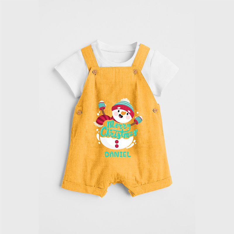 Merry Christmas Frosty Fun - Customized Christmas Themed Dungaree Set For Kids - PASTEL YELLOW - 0 - 5 Months Old (Chest 18")