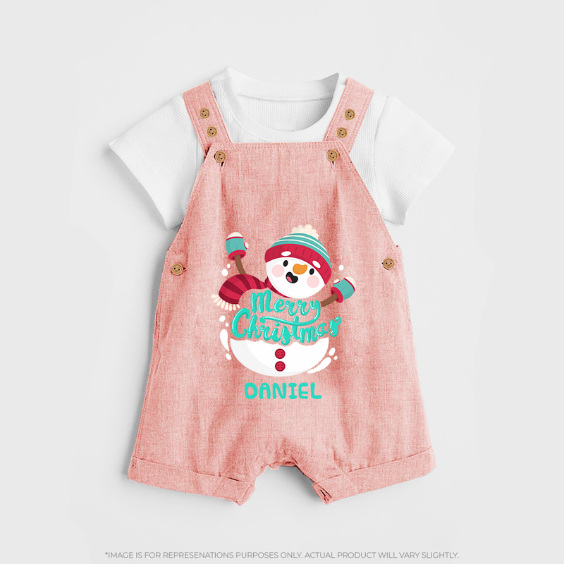 Merry Christmas Frosty Fun - Customized Christmas Themed Dungaree Set For Kids - PEACH - 0 - 5 Months Old (Chest 18")