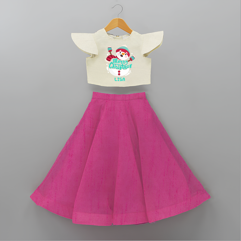 Merry Christmas Frosty Fun - Customized Christmas Themed Crop Top And Skirt For Kids - FUSCHIA - 6 - 9 Months Old (Chest 20" , Frock Waist 20")