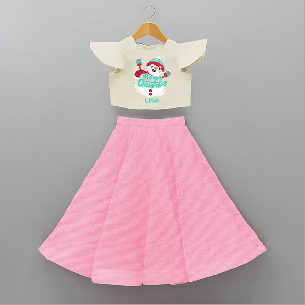 Merry Christmas Frosty Fun - Customized Christmas Themed Crop Top And Skirt For Kids - PINK - 6 - 9 Months Old (Chest 20" , Frock Waist 20")