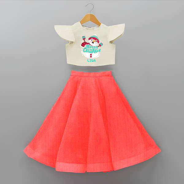 Merry Christmas Frosty Fun - Customized Christmas Themed Crop Top And Skirt For Kids - RED - 6 - 9 Months Old (Chest 20" , Frock Waist 20")