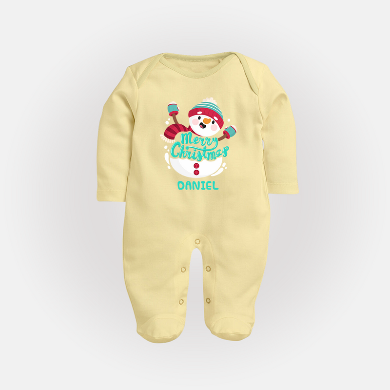 Merry Christmas Frosty Fun - Customized Christmas Themed Sleep Suit For Babies - PASTEL YELLOW - New Born (Chest 7.5")