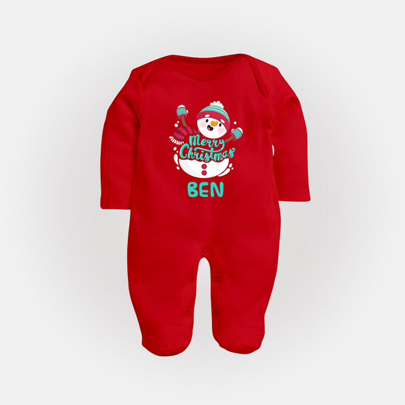 Merry Christmas Sleep Suit / Full Sleeve Bodysuit |Custom Baby Holiday Outfit - RED - New Born (Chest 7.5")
