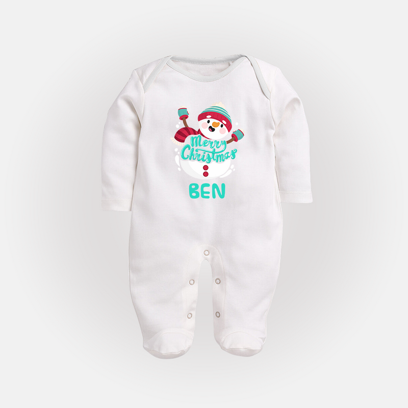Merry Christmas Sleep Suit / Full Sleeve Bodysuit |Custom Baby Holiday Outfit - WHITE - New Born (Chest 7.5")