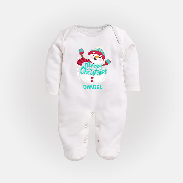 Merry Christmas Frosty Fun - Customized Christmas Themed Sleep Suit For Babies - WHITE - New Born (Chest 7.5")