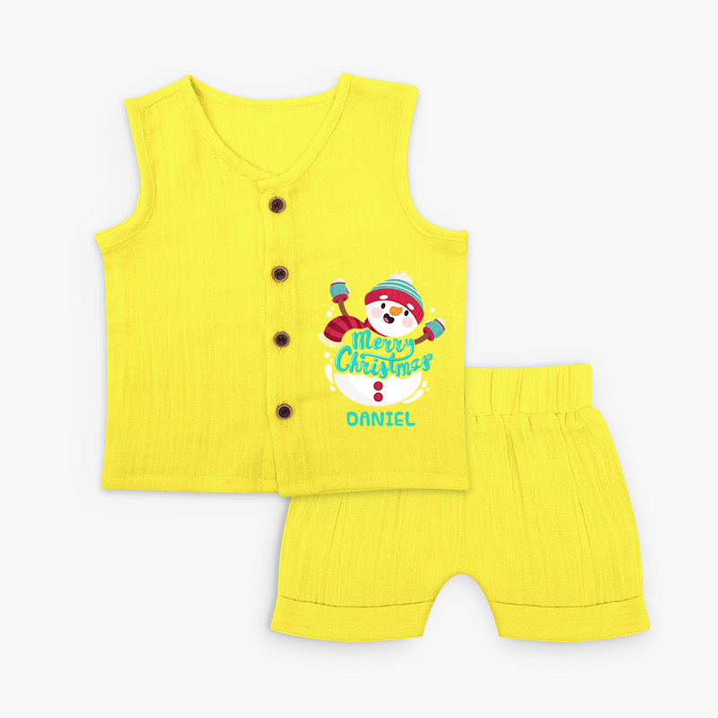 Merry Christmas Frosty Fun - Customized Christmas Themed Jabla Set For Kids - YELLOW - 0 - 3 Months Old (Chest 9.8")