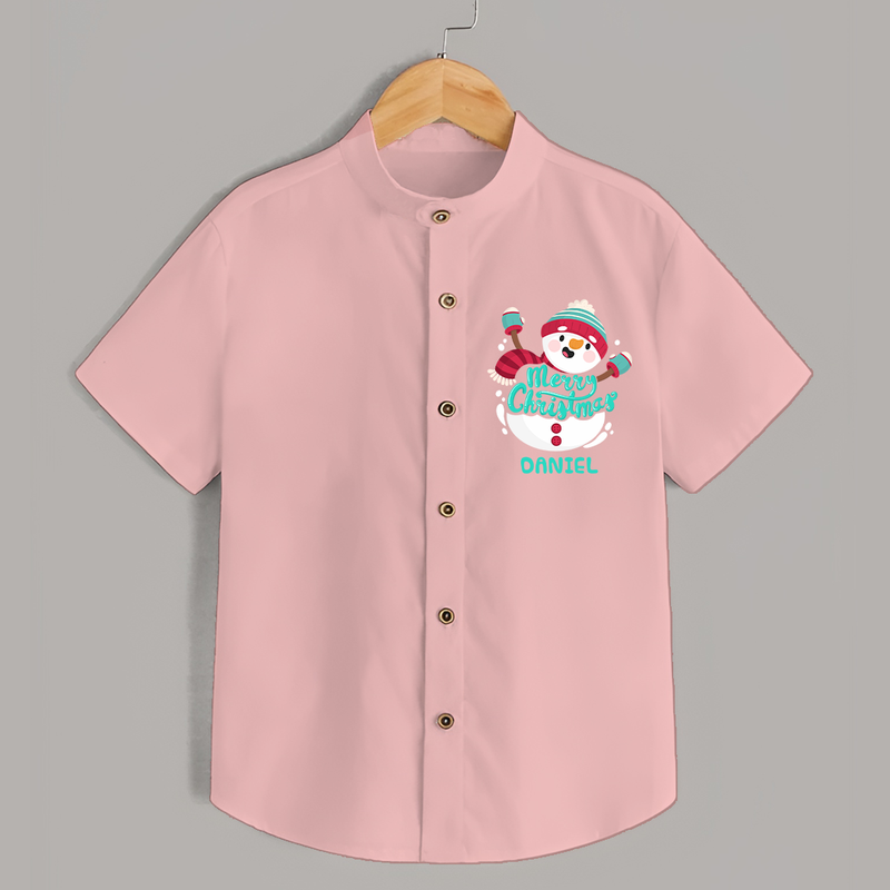 Merry Christmas Frosty Fun - Customized Christmas Themed Shirt For Kids - PEACH - 0 - 6 Months Old (Chest 23")