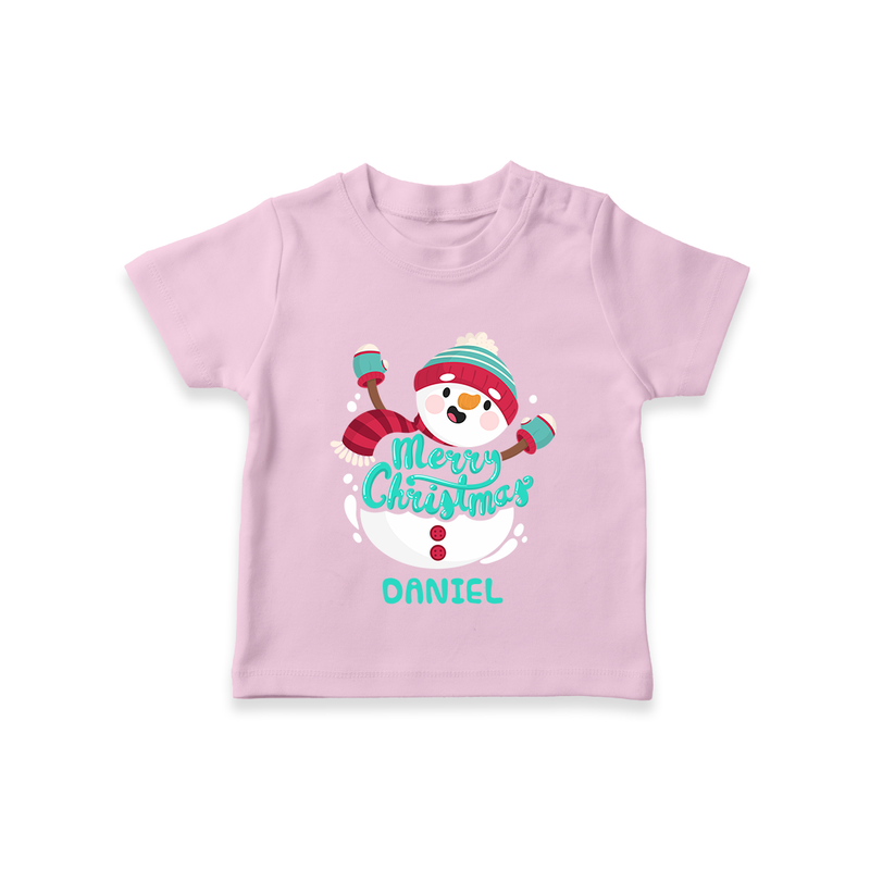 Merry Christmas Frosty Fun - Customized Christmas Themed T-Shirt For Kids - PINK - 0-5 Months Old (Chest 17")