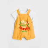 Nice until Proven Naughty - Customized Christmas Themed Dungaree Set For Kids - PASTEL YELLOW - 0 - 5 Months Old (Chest 18")