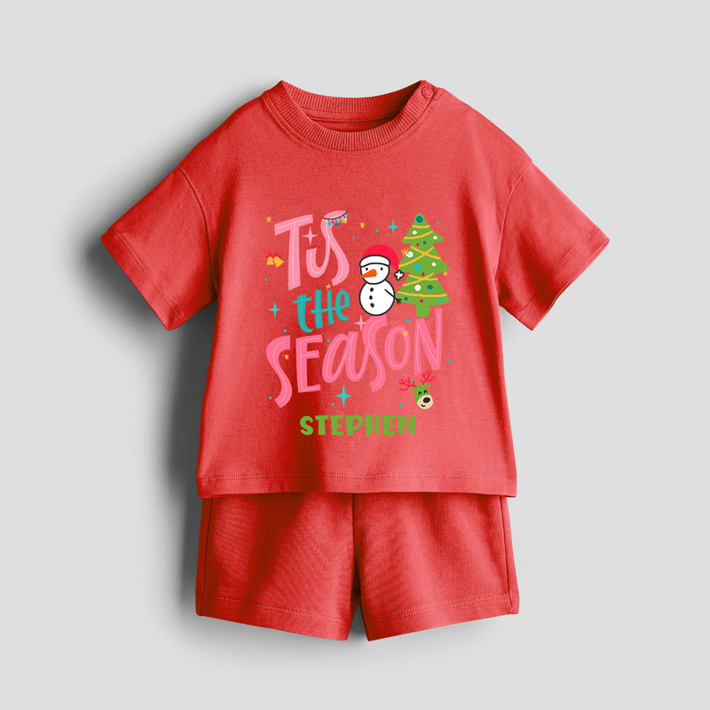 Tis The Season - Customized Christmas Themed Co-ord Set For Kids - RED - 0-5 months old  (Chest 18")