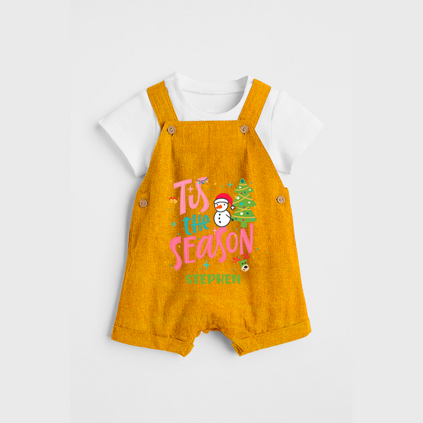 Tis The Season - Customized Christmas Themed Dungaree Set For Kids - CHROME YELLOW - 0 - 5 Months Old (Chest 18")