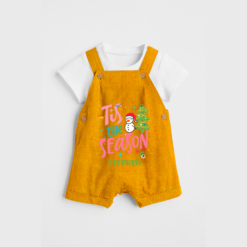 Tis The Season - Customized Christmas Themed Dungaree Set For Kids - CHROME YELLOW - 0 - 5 Months Old (Chest 18")