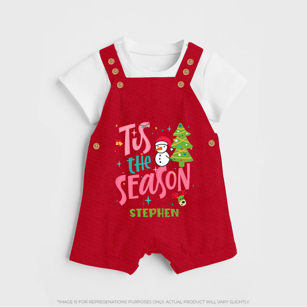 Tis The Season - Customized Christmas Themed Dungaree Set For Kids - RED - 0 - 5 Months Old (Chest 18")