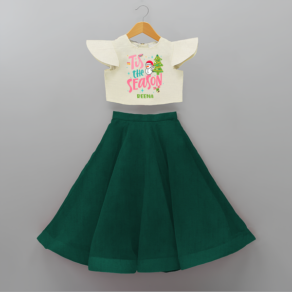 Tis The Season - Customized Christmas Themed Crop Top And Skirt For Kids - BOTTLE GREEN - 6 - 9 Months Old (Chest 20" , Frock Waist 20")