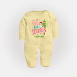 Tis The Season - Customized Christmas Themed Sleep Suit For Babies - PASTEL YELLOW - New Born (Chest 7.5")