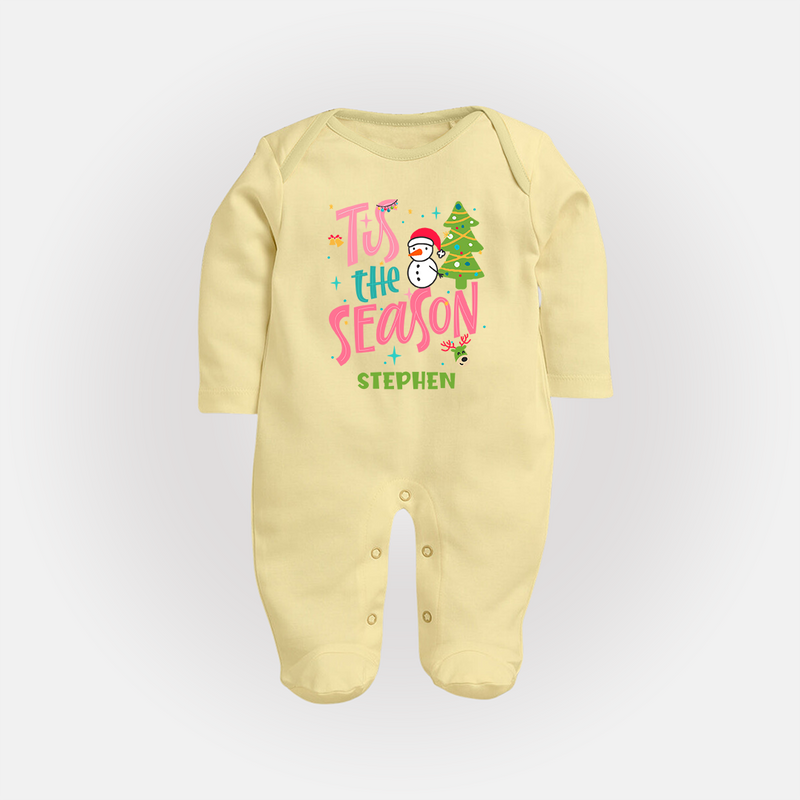 Tis The Season - Customized Christmas Themed Sleep Suit For Babies - PASTEL YELLOW - New Born (Chest 7.5")