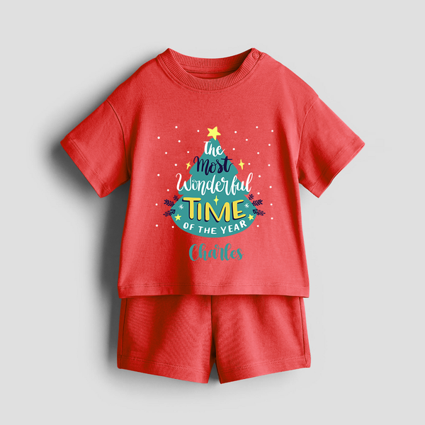 The Most Wonderful Time Of The Year - Customized Christmas Themed Co-ord Set For Kids - RED - 0-5 months old  (Chest 18")