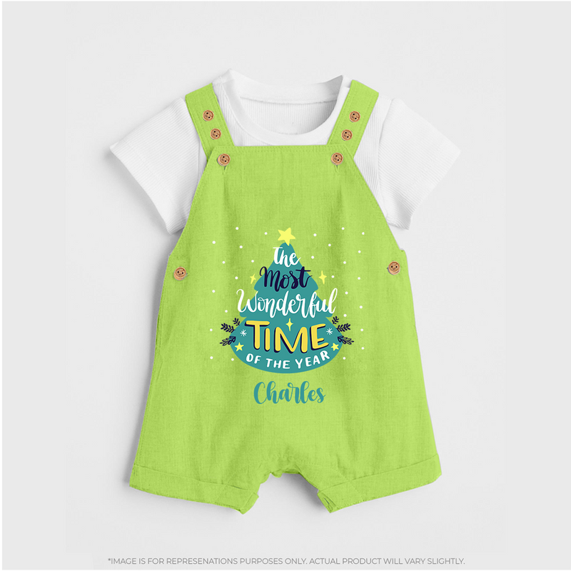 The Most Wonderful Time Of The Year - Customized Christmas Themed Dungaree Set For Kids - GREEN - 0 - 5 Months Old (Chest 18")