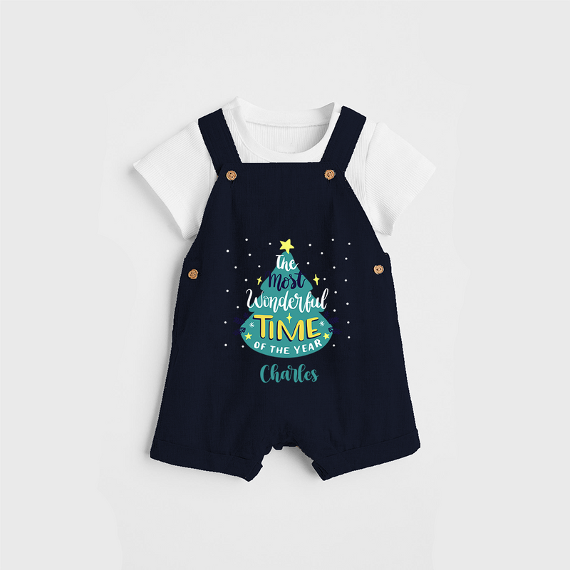 The Most Wonderful Time Of The Year - Customized Christmas Themed Dungaree Set For Kids - NAVY BLUE - 0 - 5 Months Old (Chest 18")