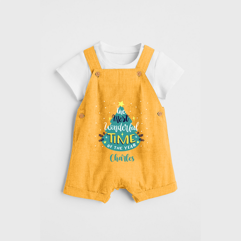 The Most Wonderful Time Of The Year - Customized Christmas Themed Dungaree Set For Kids - PASTEL YELLOW - 0 - 5 Months Old (Chest 18")