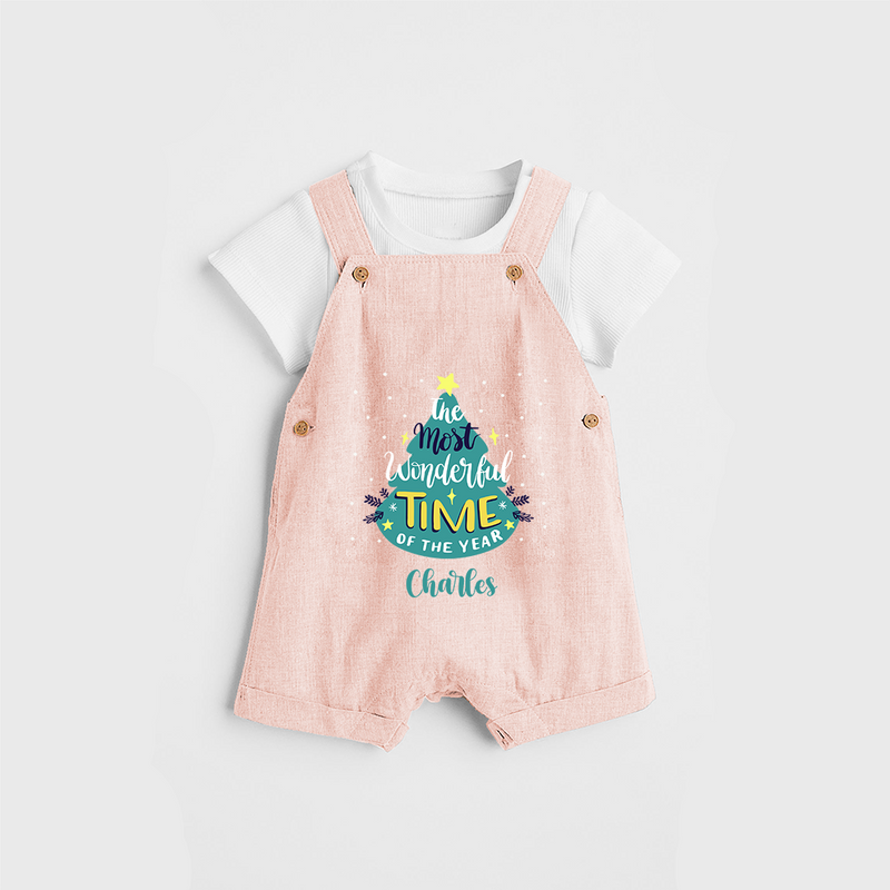 The Most Wonderful Time Of The Year - Customized Christmas Themed Dungaree Set For Kids - PEACH - 0 - 5 Months Old (Chest 18")