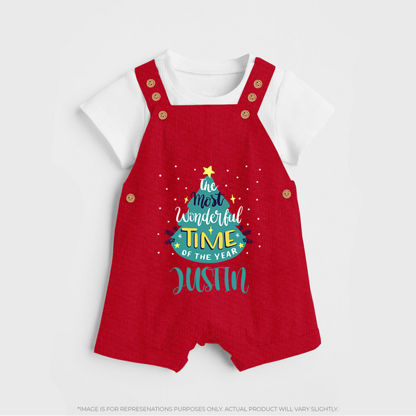 The Most Wonderful Time of the Year Dungaree Set | Personalized Baby Christmas Outfit - RED - 0 - 5 Months Old (Chest 18")