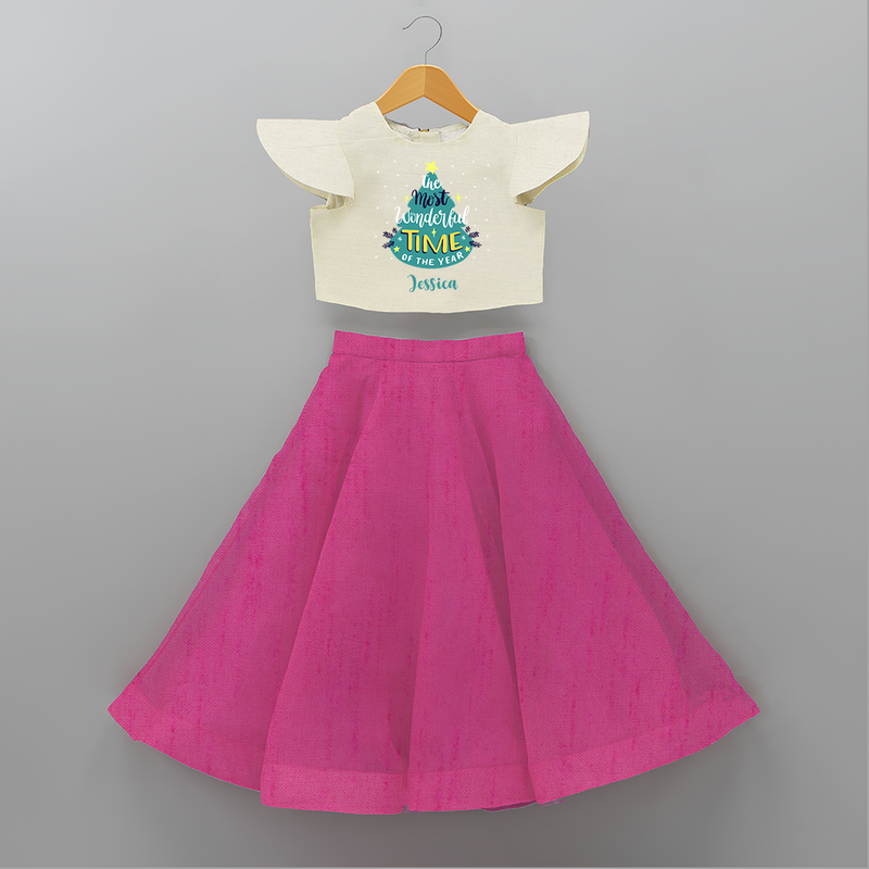 The Most Wonderful Time Of The Year - Customized Christmas Themed Crop Top And Skirt For Kids - FUSCHIA - 6 - 9 Months Old (Chest 20" , Frock Waist 20")