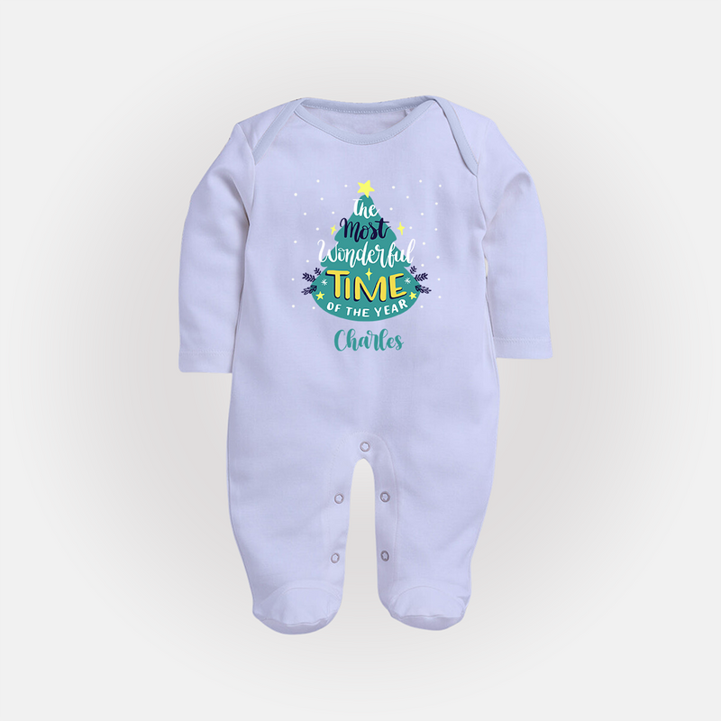 The Most Wonderful Time Of The Year - Customized Christmas Themed Sleep Suit For Babies - BABY BLUE - New Born (Chest 7.5")