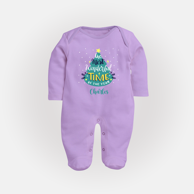 The Most Wonderful Time Of The Year - Customized Christmas Themed Sleep Suit For Babies - LILAC - New Born (Chest 7.5")