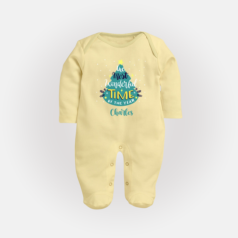 The Most Wonderful Time Of The Year - Customized Christmas Themed Sleep Suit For Babies - PASTEL YELLOW - New Born (Chest 7.5")