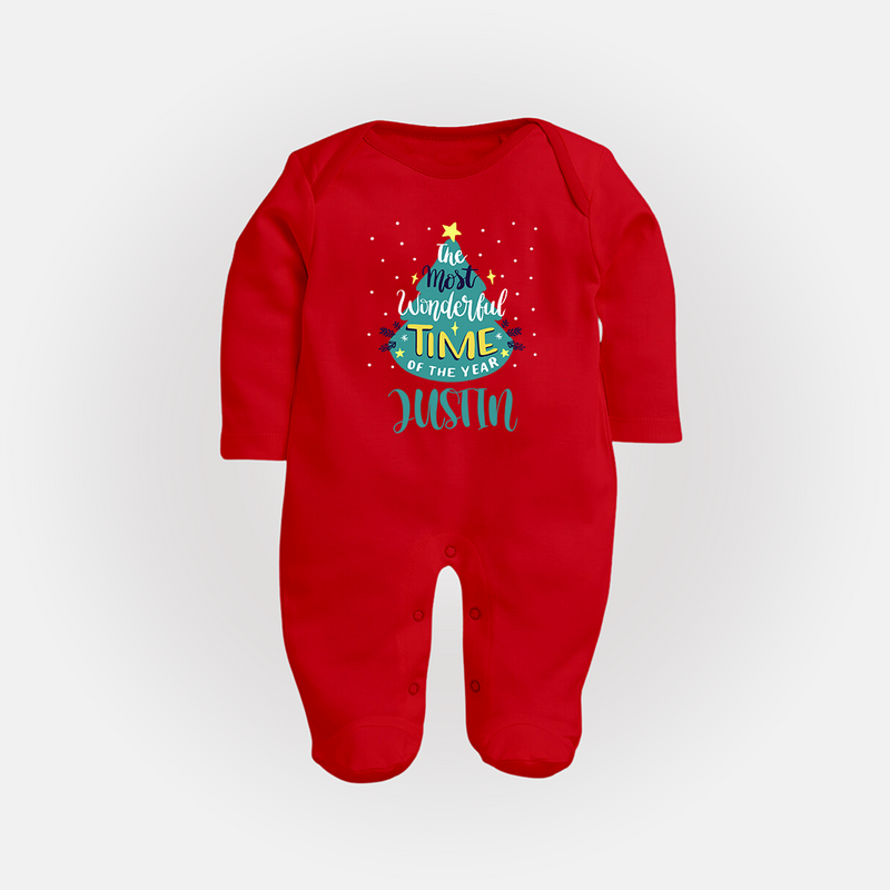 The Most Wonderful Time of the Year Sleep Suit / Full Sleeve Bodysuit | Personalized Baby Christmas Outfit - RED - New Born (Chest 7.5")