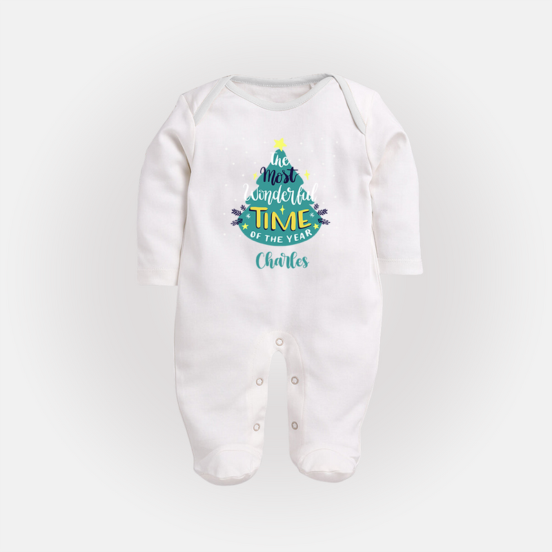 The Most Wonderful Time Of The Year - Customized Christmas Themed Sleep Suit For Babies - WHITE - New Born (Chest 7.5")