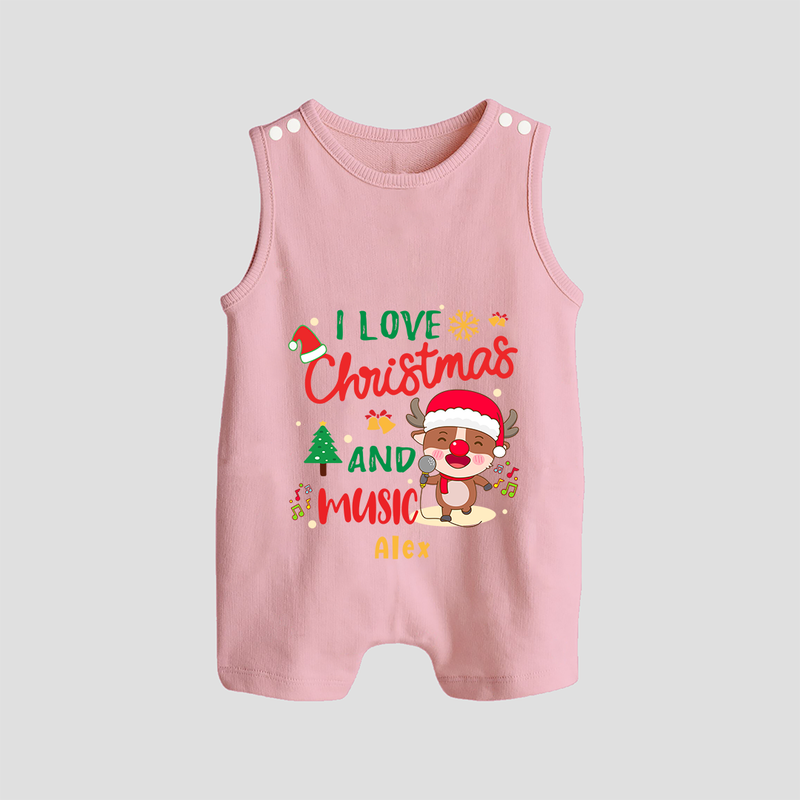 I Love Christmas And Music - Customized Christmas Themed Romper Suit For Babies - BABY PINK - 0 - 5 Months Old (Chest 18")