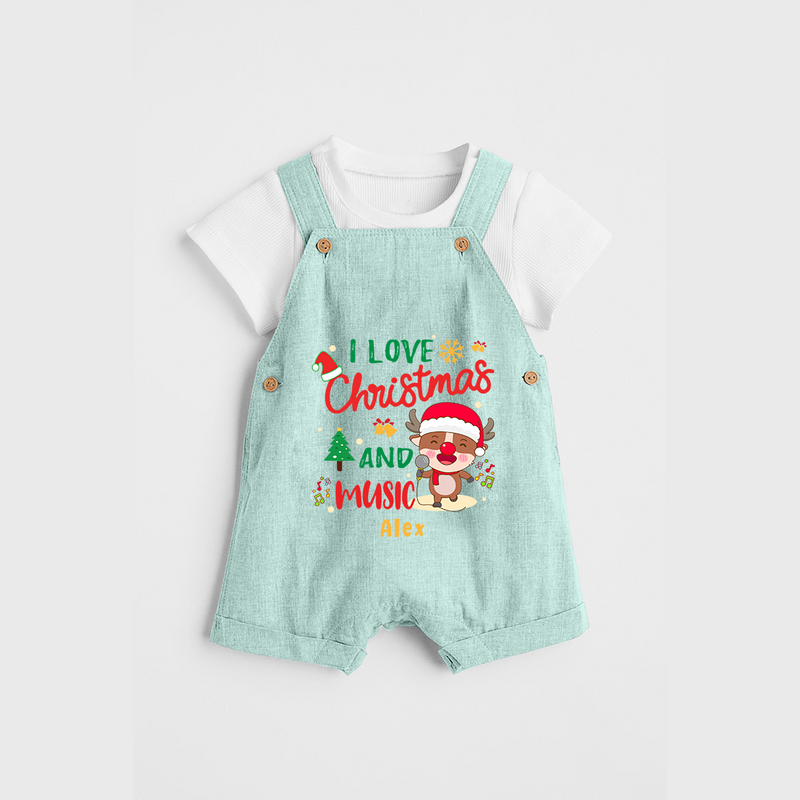 I Love Christmas And Music - Customized Christmas Themed Dungaree Set For Kids - ARCTIC BLUE - 0 - 5 Months Old (Chest 18")