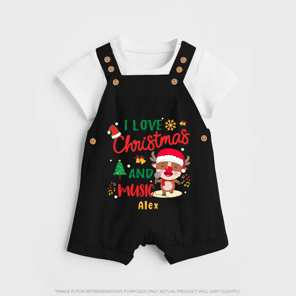 I Love Christmas And Music - Customized Christmas Themed Dungaree Set For Kids - BLACK - 0 - 5 Months Old (Chest 18")