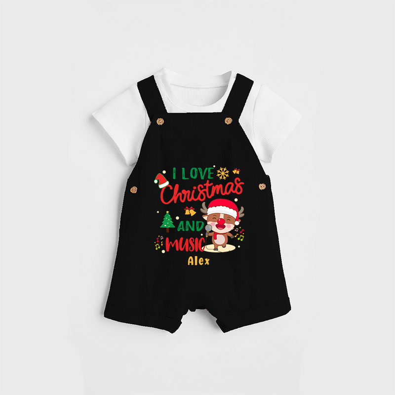 I Love Christmas And Music - Customized Christmas Themed Dungaree Set For Kids - BLACK - 0 - 5 Months Old (Chest 18")