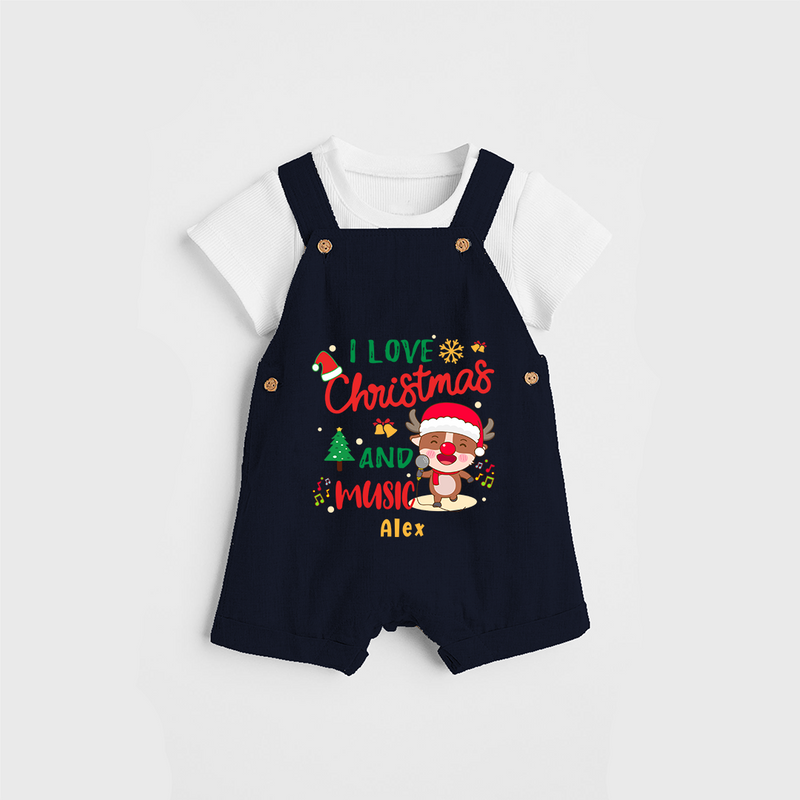 I Love Christmas And Music - Customized Christmas Themed Dungaree Set For Kids - NAVY BLUE - 0 - 5 Months Old (Chest 18")