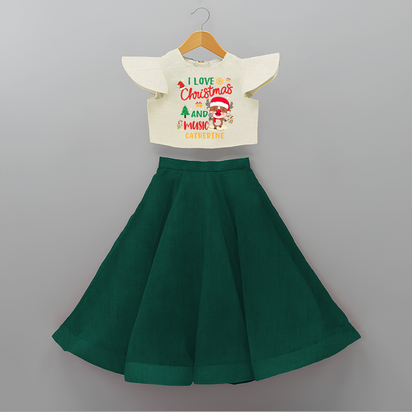 I Love Christmas And Music - Customized Christmas Themed Crop Top And Skirt For Kids - BOTTLE GREEN - 6 - 9 Months Old (Chest 20" , Frock Waist 20")