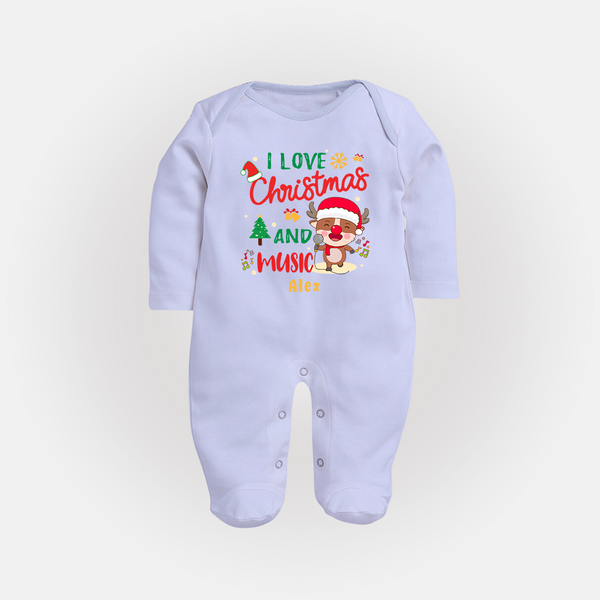 I Love Christmas And Music - Customized Christmas Themed Sleep Suit For Babies - BABY BLUE - New Born (Chest 7.5")