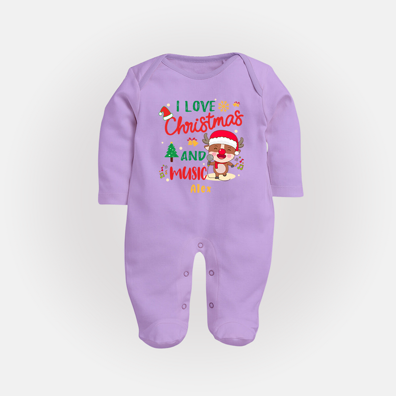 I Love Christmas And Music - Customized Christmas Themed Sleep Suit For Babies - LILAC - New Born (Chest 7.5")