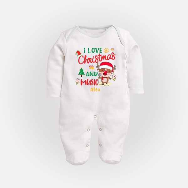 I Love Christmas And Music - Customized Christmas Themed Sleep Suit For Babies - WHITE - New Born (Chest 7.5")