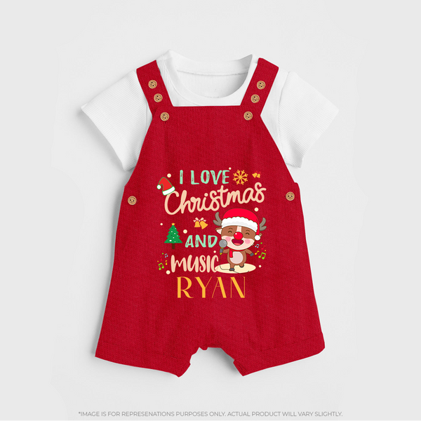 I Love Christmas and Music Dungaree Set | Custom Baby Holiday Dungaree Set - RED - 0 - 5 Months Old (Chest 18")