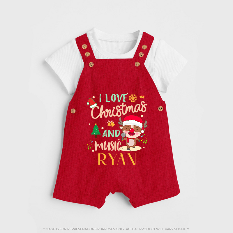 I Love Christmas and Music Dungaree Set | Custom Baby Holiday Dungaree Set - RED - 0 - 5 Months Old (Chest 18")