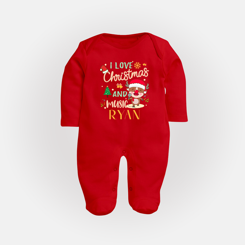I Love Christmas and Music Sleep Suit / Full Sleeve Bodysuit | Custom Baby Holiday Sleep Suit / Full Sleeve Bodysuit - RED - New Born (Chest 7.5")