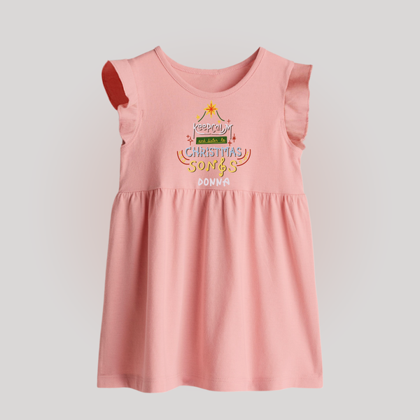 Keep Calm And Listen To Christmas Songs - Customized Christmas Themed Baby Frock For Babies - BABY PINK - 0 - 3 Months Old (Chest 17")