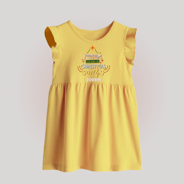 Keep Calm And Listen To Christmas Songs - Customized Christmas Themed Baby Frock For Babies - YELLOW - 0 - 3 Months Old (Chest 17")