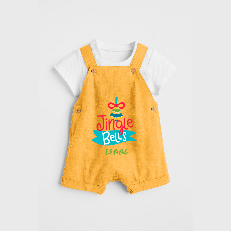 Jingle Bells - Customized Christmas Themed Dungaree Set For Kids - PASTEL YELLOW - 0 - 5 Months Old (Chest 18")