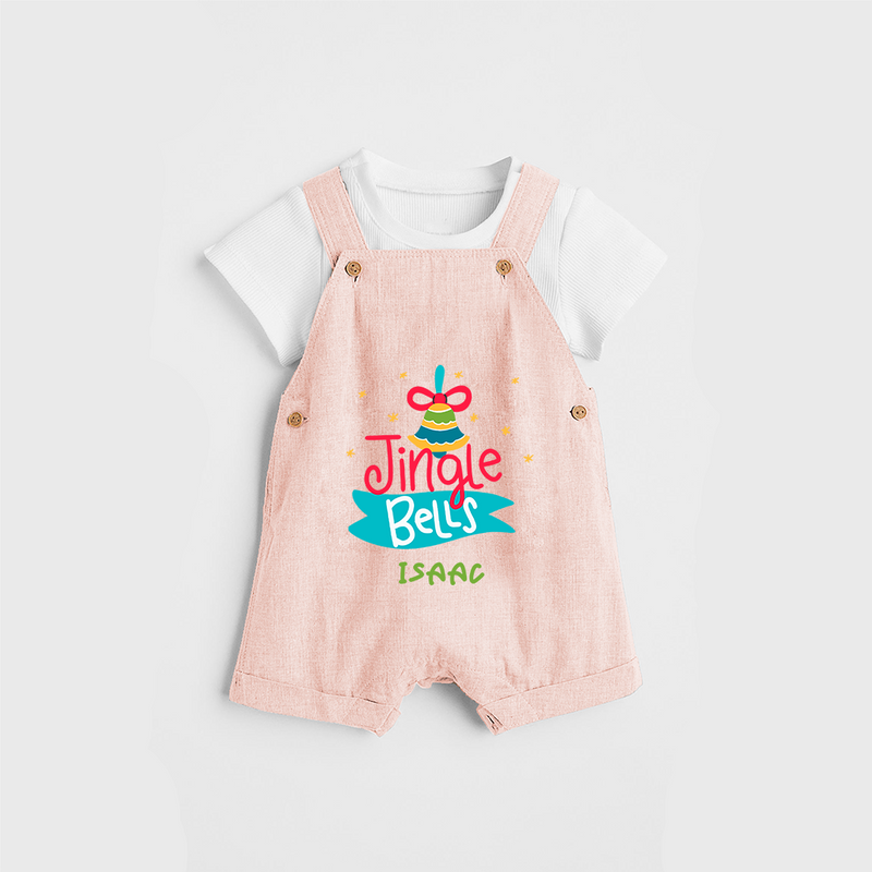 Jingle Bells - Customized Christmas Themed Dungaree Set For Kids - PEACH - 0 - 5 Months Old (Chest 18")