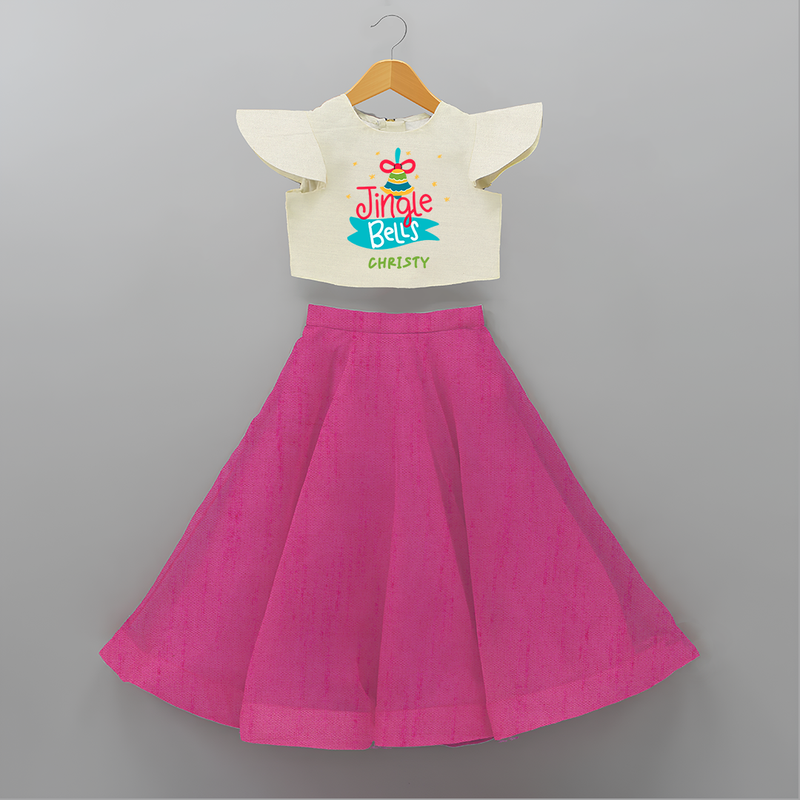 Jingle Bells - Customized Christmas Themed Crop Top And Skirt For Kids - FUSCHIA - 6 - 9 Months Old (Chest 20" , Frock Waist 20")