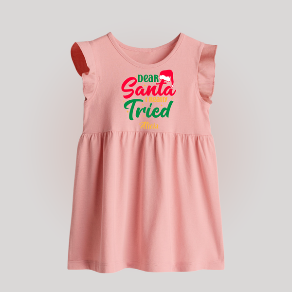 Dear Santa I Really Tried - Customized Christmas Themed Baby Frock For Babies - BABY PINK - 0 - 3 Months Old (Chest 17")